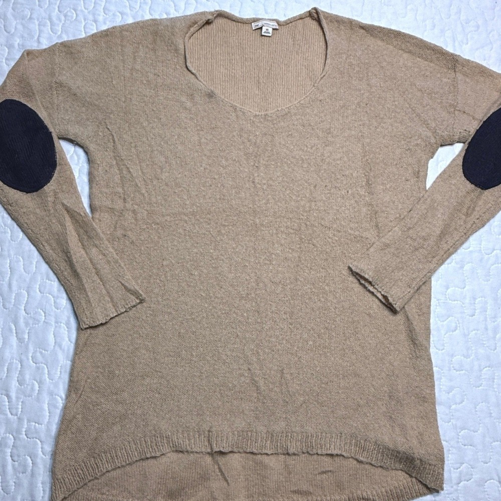 Gap Women XS Sweater Tan Wool Blend Elbow Patch Scoop Neck PREPPY MODEST BASIC